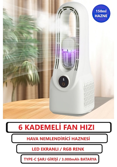 6 Kademeli Fan Hızı + Ultrasonik Nemlendirici + 3.000 Mah Batarya