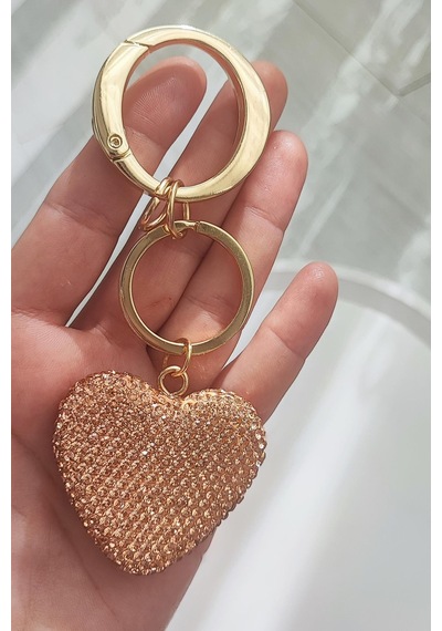 Zirkon Taşlı Pastel Nude-gold Renk Kalp Model Çanta Aksesuarı Ve Anahtarlık