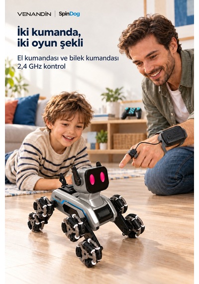 2950-1 Spindog Çift Kumandalı Işıklı Müzikli Robot Köpek, Şarjlı, 2,4 Ghz, 8 Tekerlekli, 6+ Yaş