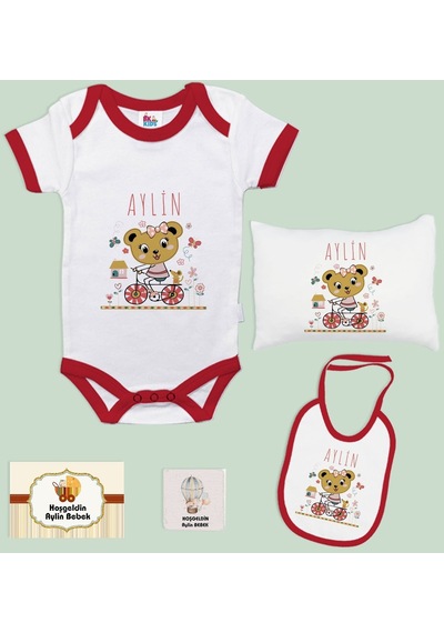 Bk Kids Kişiye Özel İsimli 5 Parça Kırmızı Bebek Body Zıbın Yastık Hediye Seti, Yeni Doğan Bebek Giyim Hediyesi-2 Kırmızı