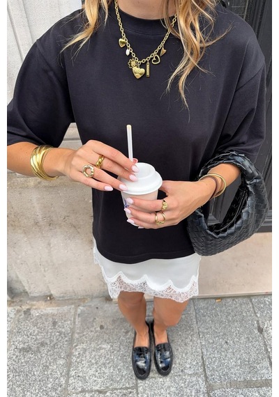 Seeh Siyah Kısa Kollu Oversize Basic Kadın T-shirt Sh281