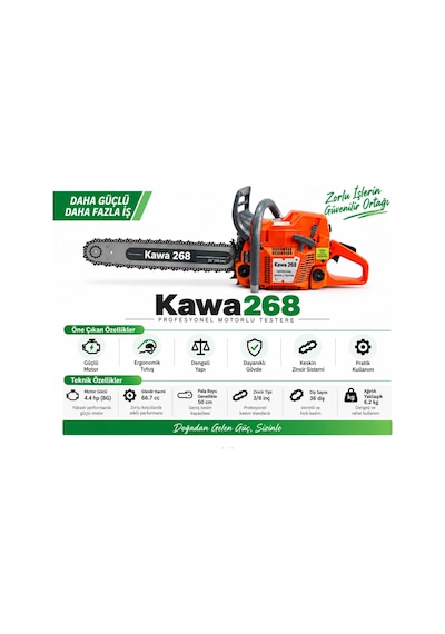 Algaride Kawashima Kawa 268 Benzinli Motorlu Testere 66.7cc 4.4hp 50 Cm 3/8 Zincir 36 Diş Profesyonel Kesim Motoru