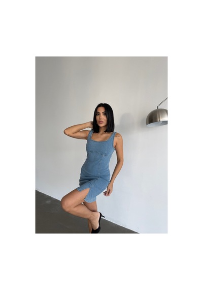 Meecy Denim Likralı Tasarım Kot Elbise Mavi Mavi