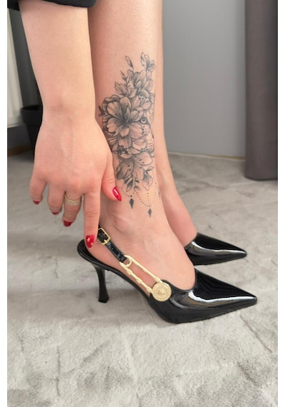 Preshley Kadın Grant Siyah Rugan Düğmeli Tokalı 7 Cm Ince Topuk Ayakkabı Stiletto Siyah