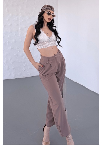 Paw Garage Kadın Jessia Bel Ve Paça Düğmeli Balon Model Likralı Kumaş Pantolon Vizon