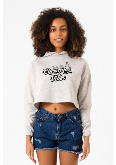 Christmas Vibes Beyaz Kırçıllı Kadın Crop Kapşonlu 001
