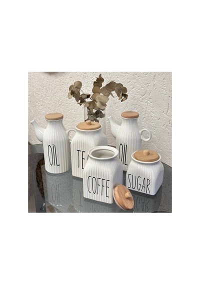 5 Parça Takım 2 Li Porselen 1000ml Oil Yağdanlık 3 Lü Kavanoz Tea Sugar Coffe Set Beyaz Beyaz
