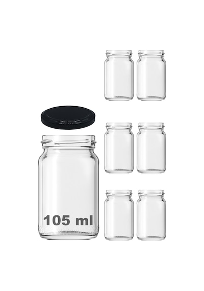 105 Ml Metal Siyah Kapaklı 105 Cc Şeffaf Kısa Cam Kavanoz 6 Adet