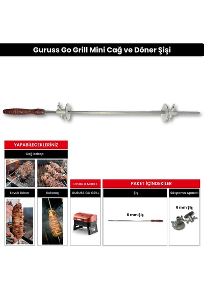 Mini Cağ Ve Döner Şişi Paslanmaz Çelik Şiş + 2 Adet Et Sıkıştırma Aparatı Go Grill