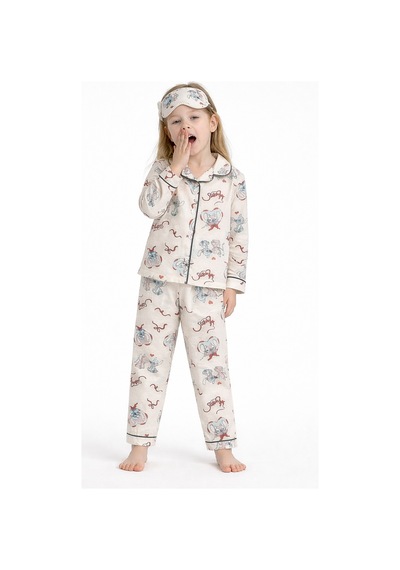 Beka Kids Ekru Desenli Uzun Kollu Önden Düğmeli Gömlek Yaka Kız Çocuk Pijama Takımı Ve Göz Bandı