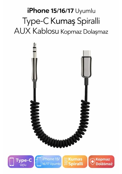 Apple iPhone 15 / 16 / 17 Uyumlu Type-c 3.5mm Aux Kumaş Spiralli Ses Aktarım Kablosu Type-C