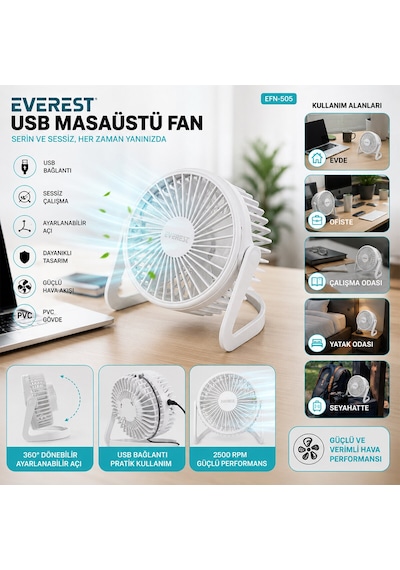 Go İthalat Usb Şarjlı - Pvc Gövde 14.5x14.1cm Masa Üstü Fan - Vantilatör Efn-505