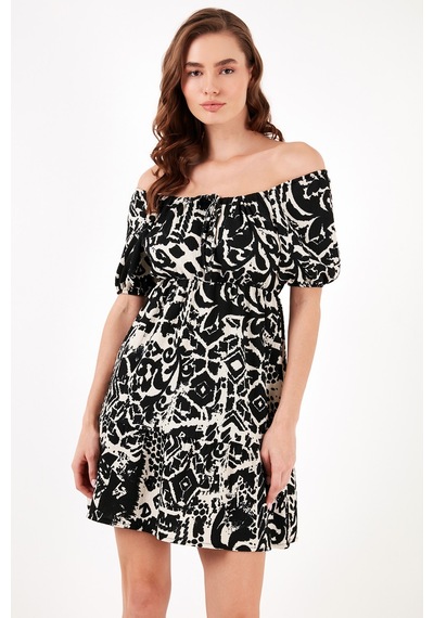 Lela Desenli Slim Fit Önden Bağlamalı Mini Bayan Elbise 5865728 Siyah