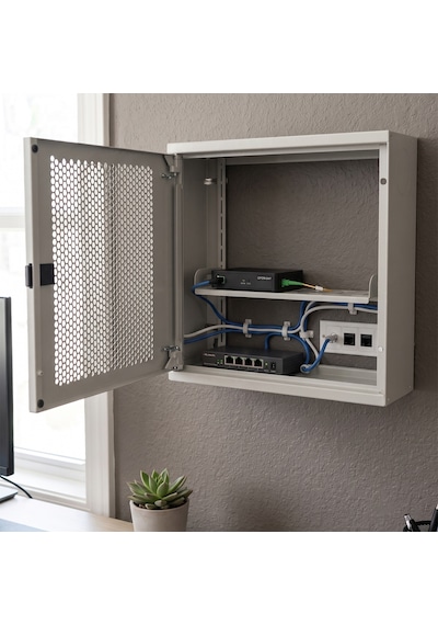 Alfafonet Ziglat 400 Serisi Wifi Box Duvar Tipi Modem Ve Wifi Kutusu 400x120x280 Mm Mat Beyaz Perfore Metal Kapak Montajlı