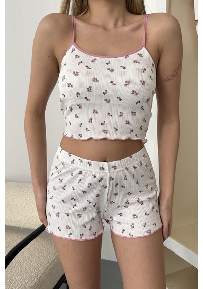 Giysa Kadın Askılı Kaplı Çiçek Desenli Şortlu Pijama Takımı Beyaz Pembe - 3403