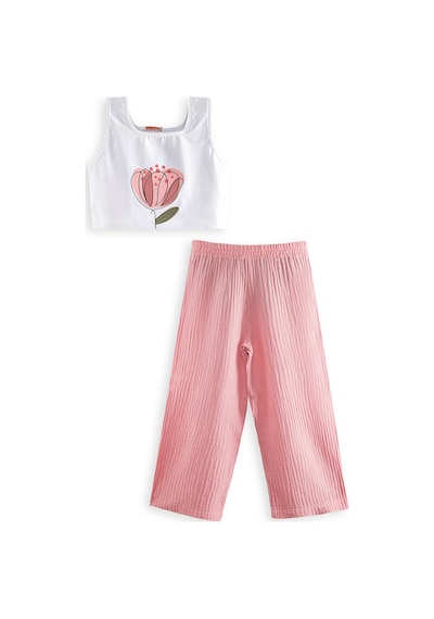 Denokids Çiçekli Kız Çocuk Pembe Müslin Pantolon Takım Renkli Çok Renkli
