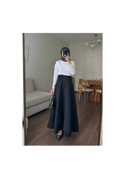 Unika Boutique Kadın Yandan Bağlamalı Tesettür Uzun Kot Etek Siyah