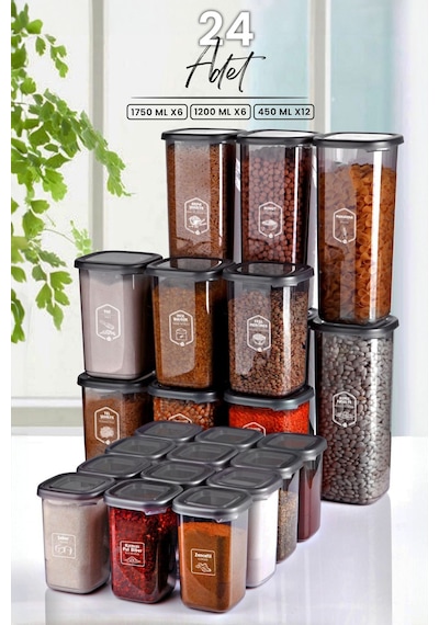 KitchenLife 24'lü Etiketli Modernity Kare Erzak Saklama Kabı Seti 1750ml X6 - 1200ml X6 - 450ml X12 Baharatlık