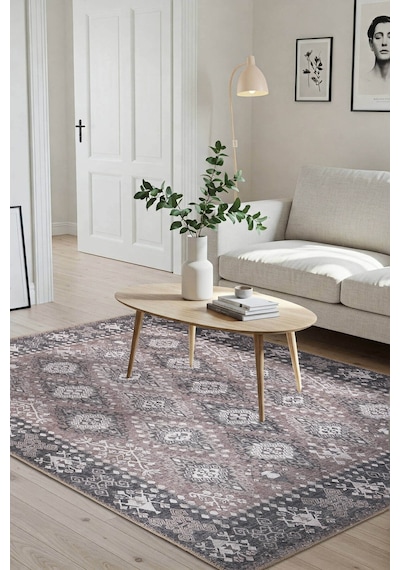 Artloop Stonart Eskitme Vintage Desenli Kahverengi Otantik Yıkanabilir Şönil Halı Al 464 Bej
