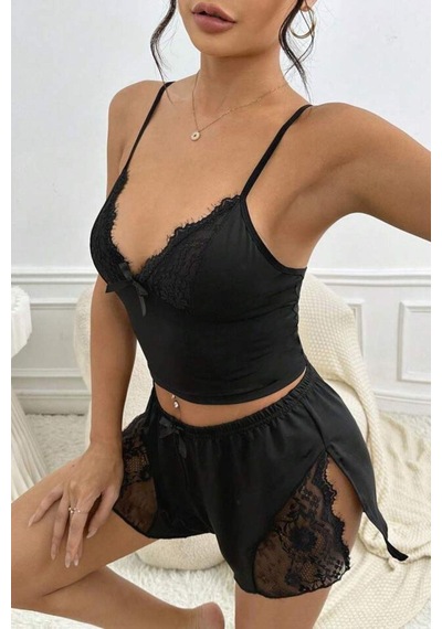Bella Notte Siyah Yırtmaçlı Şort Gecelik Takım