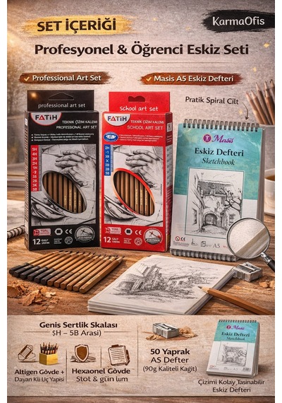 24 Lü Eskiz Kalem Seti + Spiralli A5 Eskiz Defteri Çizim & Sketchbook Seti 50 Yaprak 90g