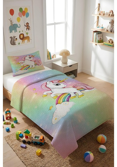 Unicorn Desenli Kadife Kumaş Çocuk Yatak Örtüsü Seti 2 Parça Tky0022 Çok Renkli