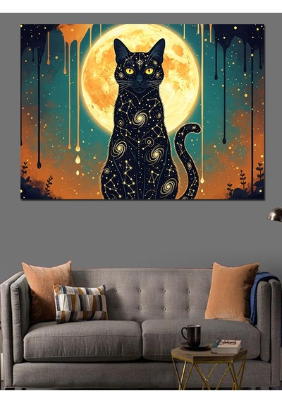 Ahşap Tablo Ay Işığında Yıldızlı Siyah Kedi Çocuk Odası Tabloları