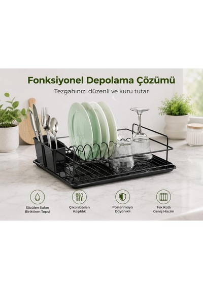 Ömür Boyu Paslanmaz Siyah Bulaşıklık Bulaşık Süzgeci Tek Katlı Tabaklık Termo Plastik Kaplama Diğer