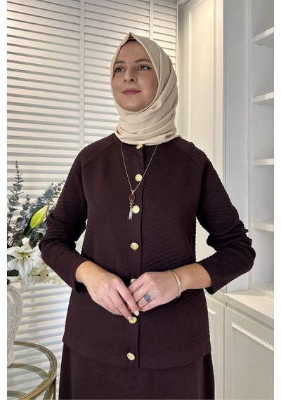 Rabia Şamlı Melis Çelik Örme Triko Takım Acı Kahve Çok Renkli