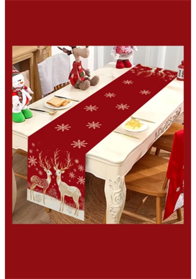 Bordo Altın Noel Masa Örtüsü Geyik Ve Kar Tanesi Desenli Dikdörtgen Yılbaşı Sofra Dekoru 1 Adet