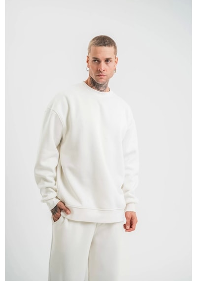 Uzun Kol Bisiklet Yaka Basic Sweatshirt - Beyaz Beyaz