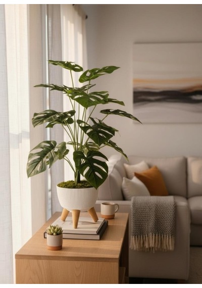 Yapay Çiçek Salon Bitkisi Monstera 70cm 18 Yaprak Beyaz Zigon Saksıda Yeşil
