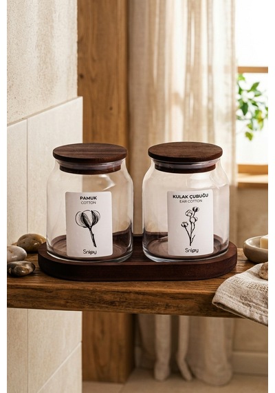 Velar - Bambu Standlı Vakum Bambu Kapaklı Etiketli Banyo Düzenleyici Cam Banyo Seti Banyo Organizeri Kahverengi