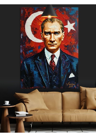 Türkiye Cumhuriyeti Bayrağı Önünde Atatürk Portresi Dekoratif Kanvas - Mdf Ahşap Tablo