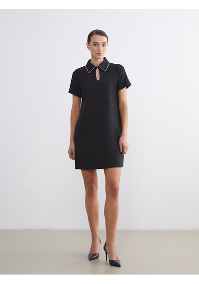 Lcw Comfort Siyah Gömlek Yaka Taşlı Mini Elbise