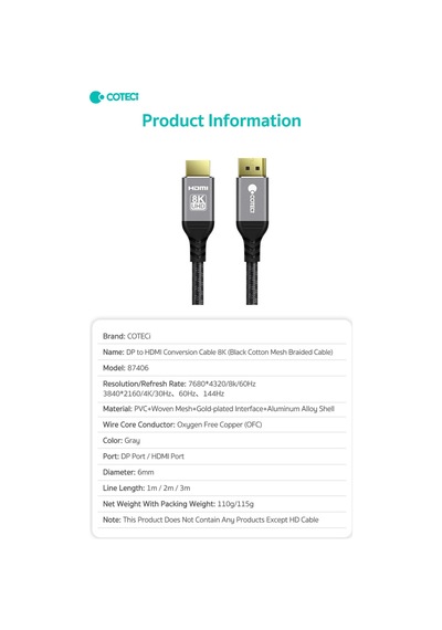 8k Displayport To Hdmı Kablo Dp 1.4 To Hdmı 2.1 4k 144hz 120hz Oyuncu Monitör Tv Kablosu 3 Metre