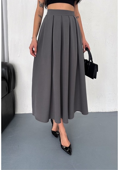 Winmoda34 Kadın Dabıl Kumaş Pileli 86 Cm Tam Boy Uzun Etek Füme