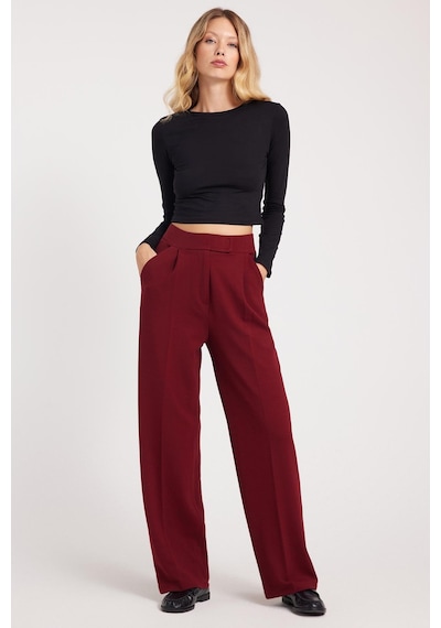 Tudors Kadın Regular Fit Klasik Kesim Cırt Kapamalı Geniş Paça Bordo Pantolon-39576 Bordo