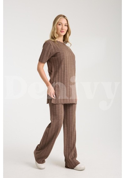 Çizgili Relax Fit İkili Takım Dnv-000019 Sütlü Kahve