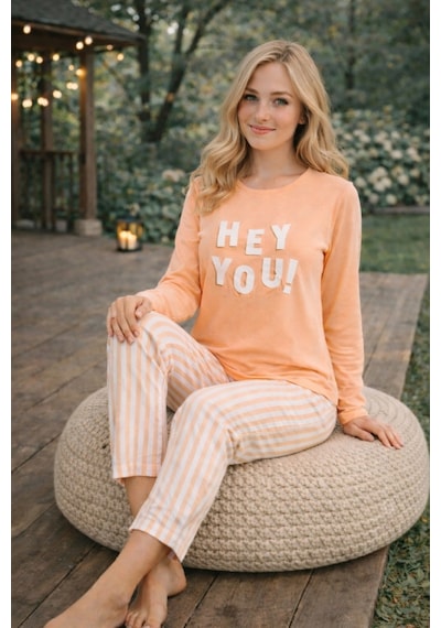 Rindahomewear Kadın Hey You Baskılı Süprem Uzun Kol Pijama Takımı Somon