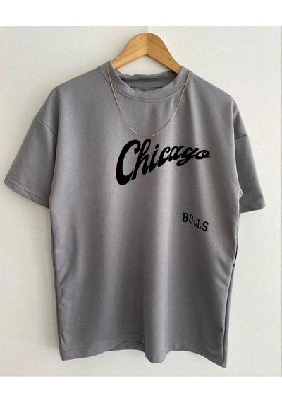 Flood Of Style Erkek Gri Bulls Baskılı Oversize Bisiklet Yaka T-shirt