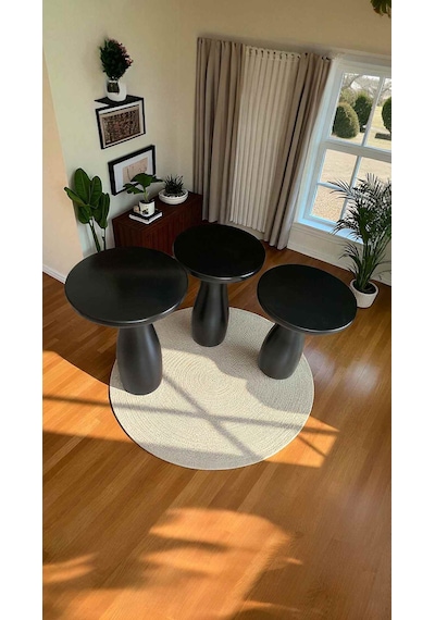 Minimalist Ve Doğal Dokulu Masif Ahşap Zigon Sehpa - Siyah 3 Lü