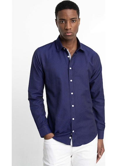 Tudors Slim Fit Uzun Kol Oxford Doku Armürlü Biyeli Erkek Gömlek-26938-Lacivert