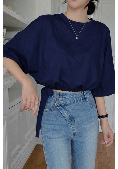 Kadın Oversize Basic Haki Tişört Yan Bağlamalı Rahat Kesim Günlük Yazlık T-shirt Lacivert