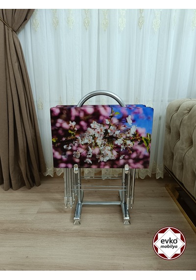 Evko Mobilya Çanta Zigon Sehpa, 4'lü Sehpa, Zigon Sehpa, Servis Sehpası, Camlı Sehpa, Katlanır Sehpa Kayısı Çiçeğiii Beyaz - Ceviz