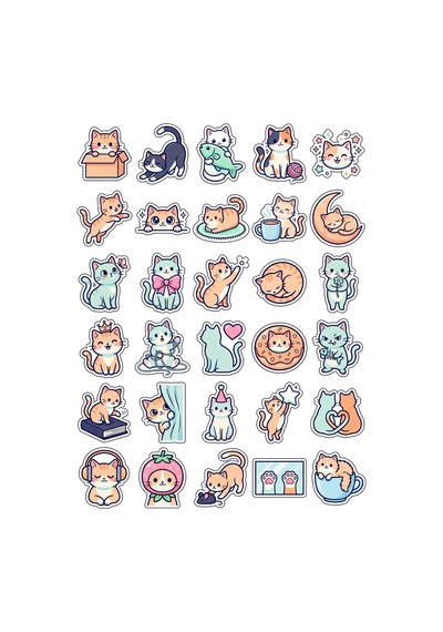 30 Adet Sevimli Kedi Sticker Seti - Laptop Defter Ajanda İçin Çok Renkli