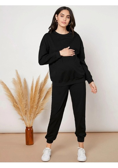 Basic Düz Eşofman Takımı Sweatshirt Jogger - Siyah Oversize Şardonlu Bisiklet Yaka Siyah