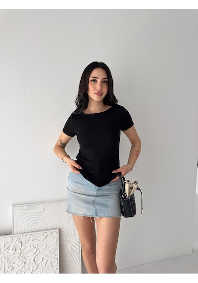 Elaxi Kadın Kısa Kollu Kayık Yaka Buzy Kumaş Tişört Siyah