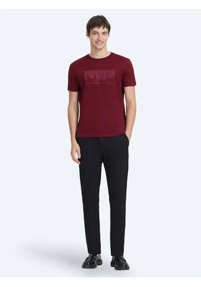 Kip Bordo Baskılı Bisiklet Yaka %100 Pamuk T-shirt Bordo