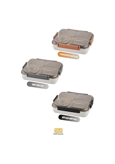Bento 1200ml Lunchbox Tek Katlı 4 Bölmeli Ve Kaseli Çelik Sefer Tası Yemek Kutusu Siyah Bakır
